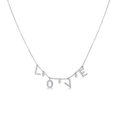 Collier en or blanc 18k avec le mot LOVE en diamants