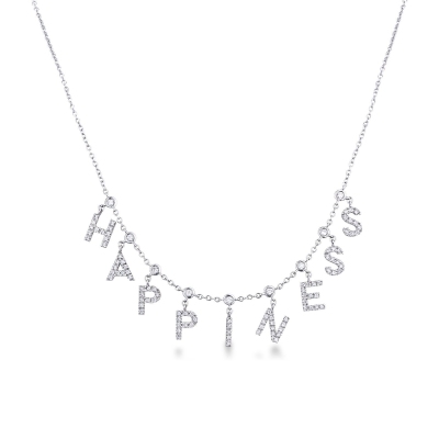 Collier en Or Blanc 18k avec Mot HAPPINESS en Diamants