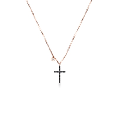 Collier en or rose 18k avec croix orné de diamants noirs et d'un diamant 