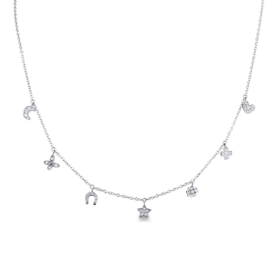 Collier diamants en or blanc 18k avec sept pendentifs fantaisie 