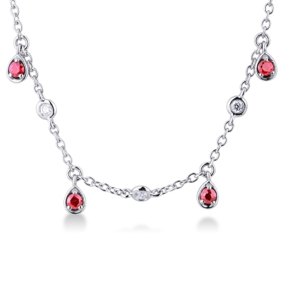 Collier en or blanc 18 carats avec pendentifs goutte rubis et diamants