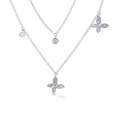 Collier double rang avec pendentifs et papillon en diamants or 750