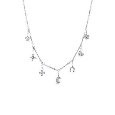 Collier en or blanc 18k avec pendentifs symboliques et diamants