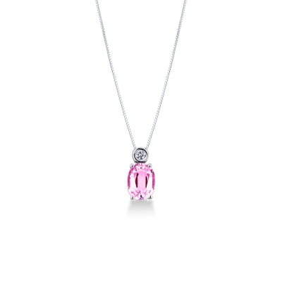 Collier avec pendentif en or blanc 18 ct avec diamant et saphir rose ovale
