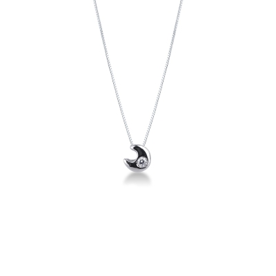 Chaîne en or blanc 18k avec pendentif en forme de lune et diamant 0.04 ct