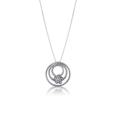 Collier en Or Blanc 18k avec Pendentif Fleur en Diamants et Cercles