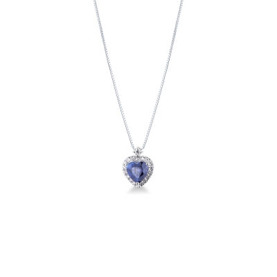 Collier en or blanc avec pendentif cœur en saphir bleu et diamants
