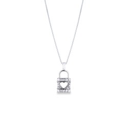 Collier en or blanc 18k avec pendentif cadenas et coeur