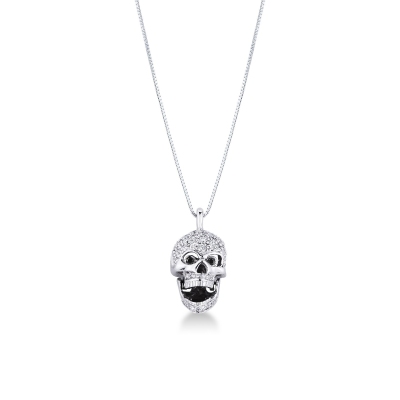 Collier en or blanc 18 carats  tête de mort en diamants blancs et yeux noirs