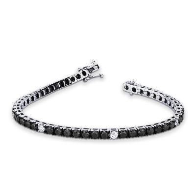 Bracelet tennis à griffes en or blanc 18k serti de diamants blancs et noirs