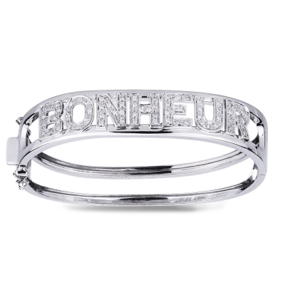 Bracelet rigide avec l'inscription BONHEUR en or blanc 18k