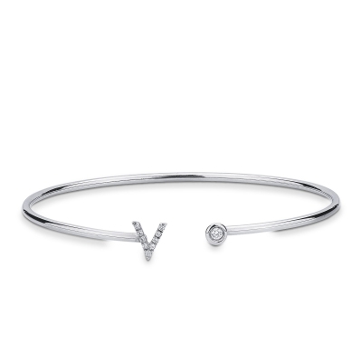 Bracelet rigide en or blanc 18k avec lettre V et diamants