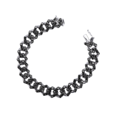 Bracelet groumette en or blanc 18k avec diamants noirs. Pointes brunies.
