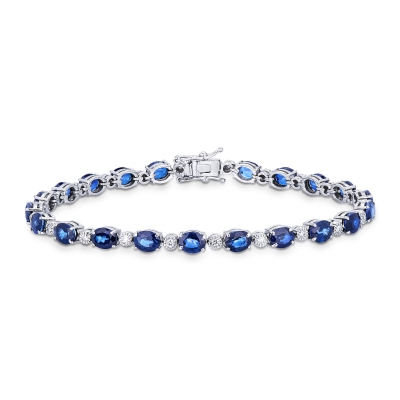 Bracelet alterné en or blanc 18 ct saphirs bleus et diamants, 18 cm