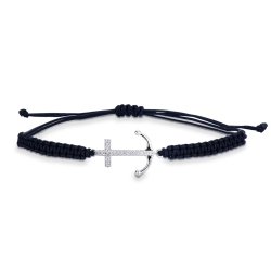 Bracelet en tissu noir avec ancre en or blanc 18k et diamants