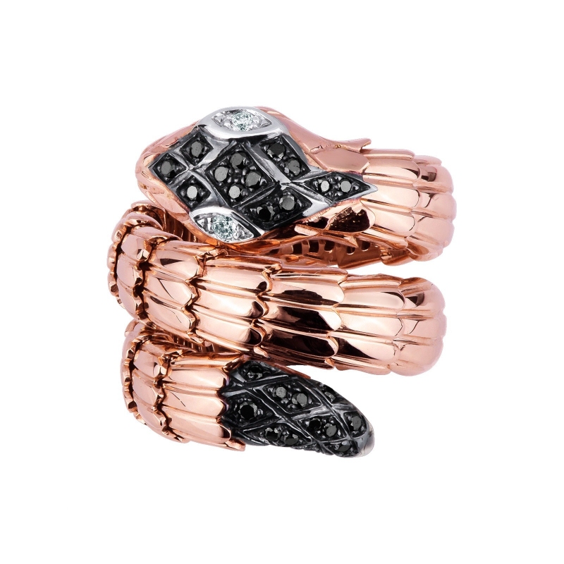 Bague serpent en or rose 18k avec diamants noirs et blancs