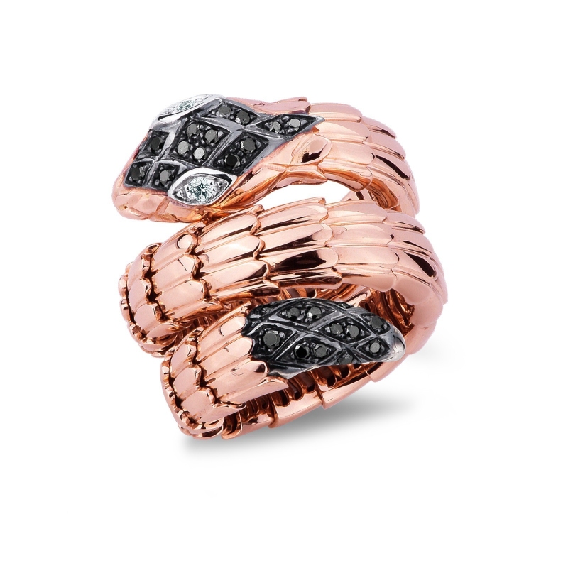 Bague serpent en or rose 18k avec diamants noirs et blancs