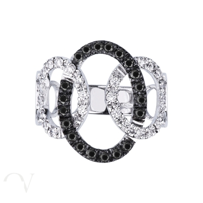 Bague gourmette en or blanc 18k avec diamants noirs et blancs