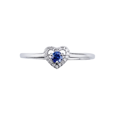 Bague or blanc 18k cœur avec saphir bleu et diamants