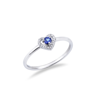 Bague or blanc 18k cœur avec saphir bleu et diamants