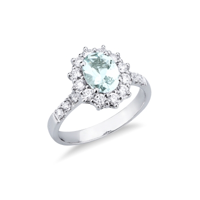 Bague en or blanc 18k avec une aquamarine ovale entourée de diamants 