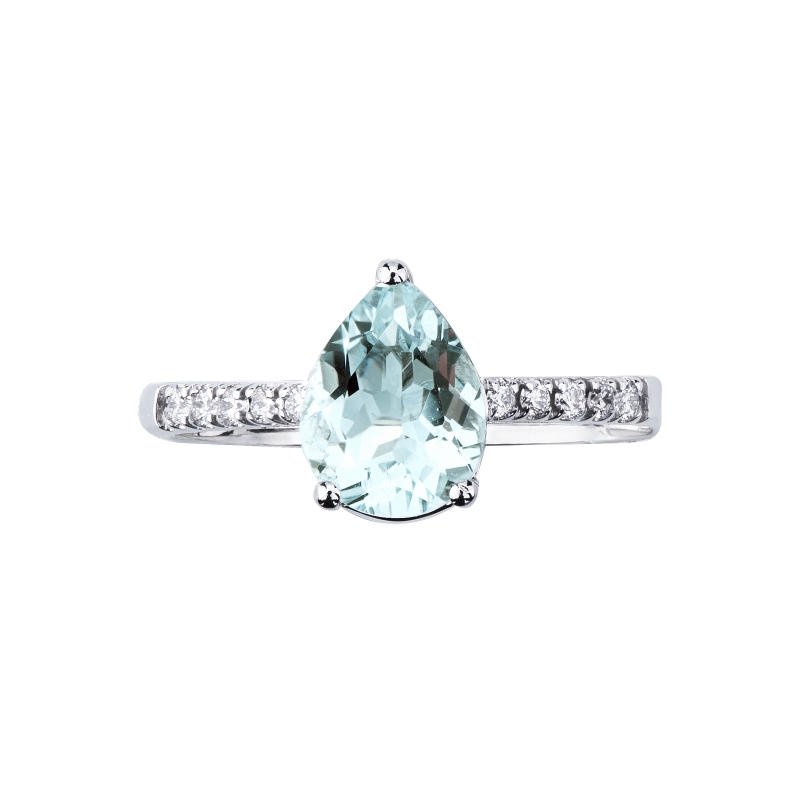 Bague en or blanc 18k avec aigue-marine en forme de goutte et diamants latéraux Bague en or blanc 18k avec aigue-marine en forme de goutte et diamants latéraux