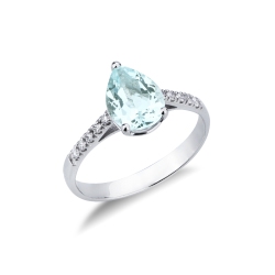Bague en or blanc 18k avec aigue-marine en forme de goutte et diamants latéraux