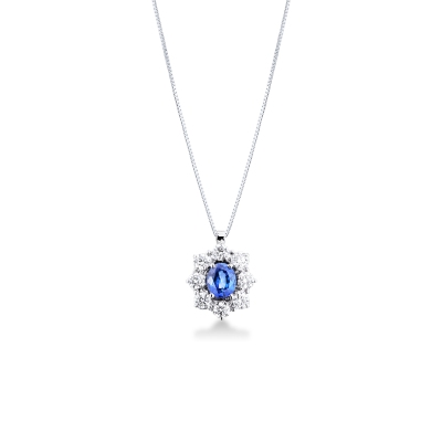 Collier en or blanc 18k avec un saphir bleu halo diamants