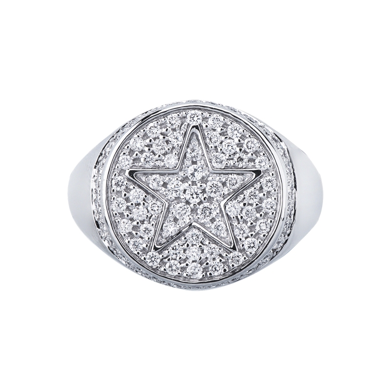 Bague chevalière en or blanc 18k avec étoile en relief sertie de diamants
