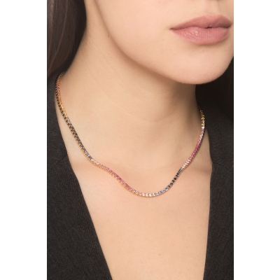 Collier tennis en or jaune 18k serti de saphirs multicolores arc-en-ciel