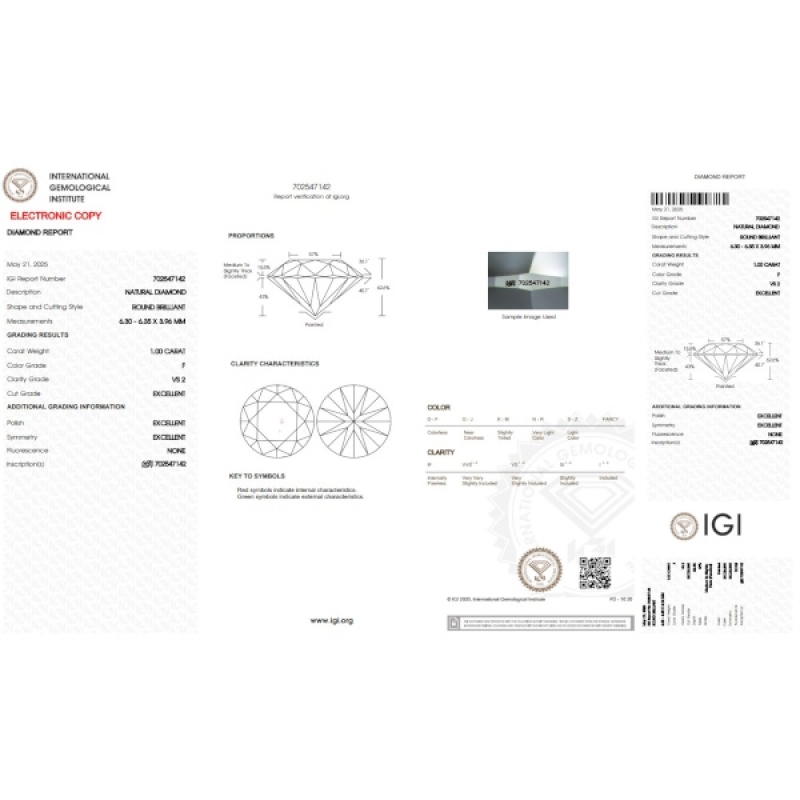Diamant Certifié IGI  1.00 CT F VS2