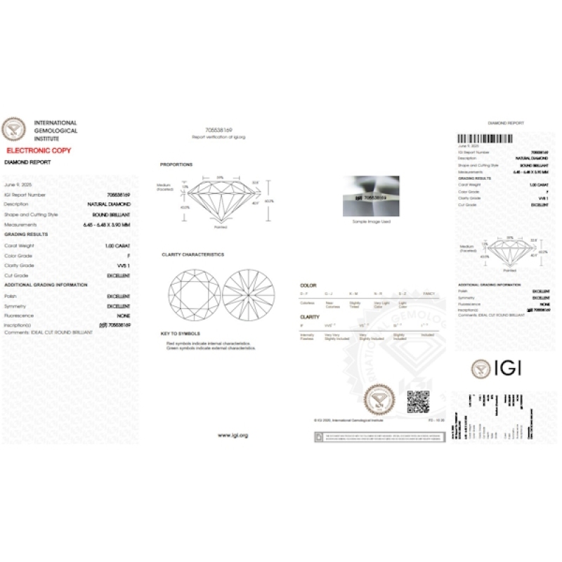 Diamant Certifié IGI 1.00CT F VVS1