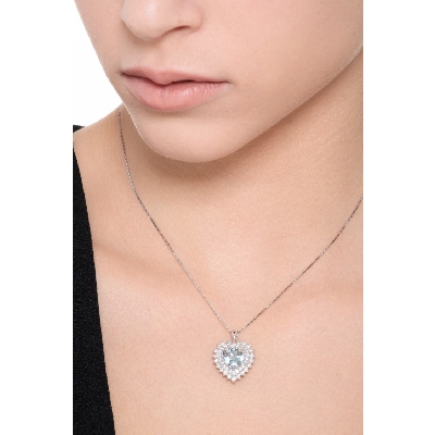 Collier femme pendentif  en or blanc 750 à coeur aigue-marine et diamants