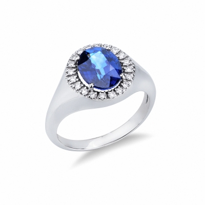 Bague chevaliere en or 18k avec saphir bleu ovale et diamants