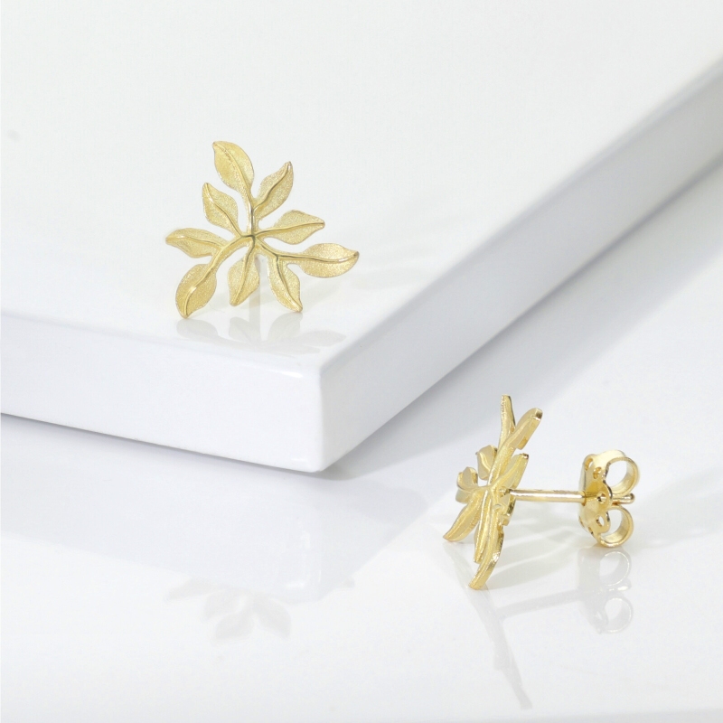 Boucles d’oreilles feuille satinée et brillante en or jaune 750 Boucles d’oreilles feuille satinée et brillante en or jaune 750