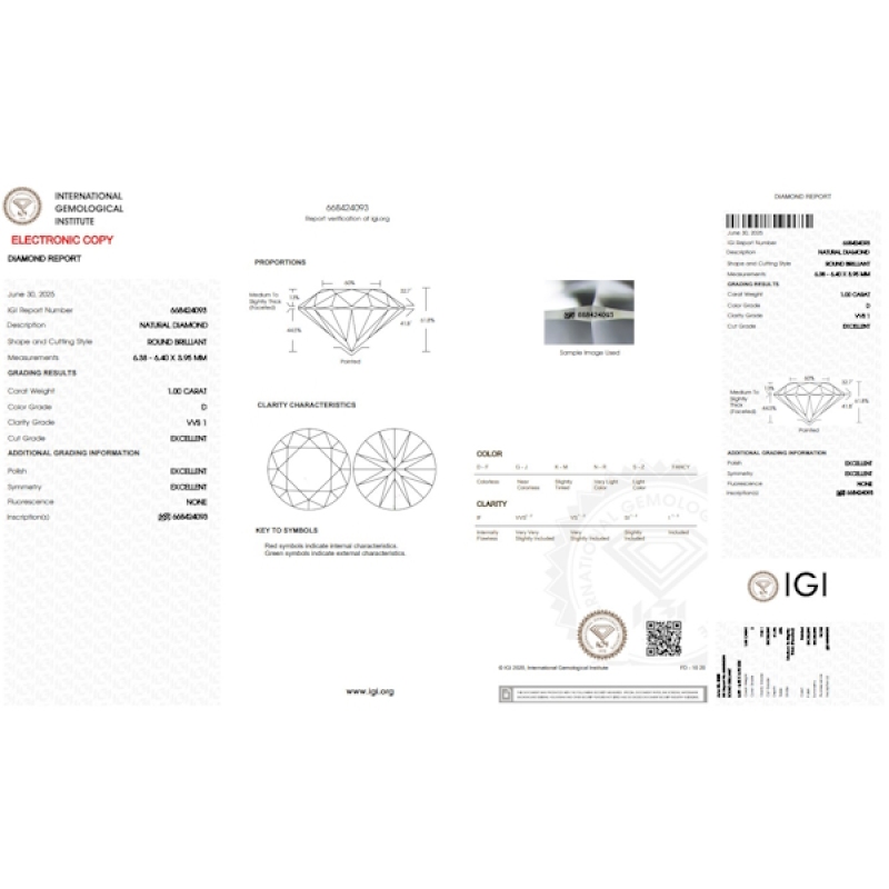 Diamant Certifié IGI  1.00 CT D VVS1