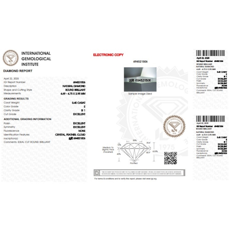 Diamant Certifié IGI  0.40 CT E SI1 Diamant Certifié IGI  0.40 CT E SI1