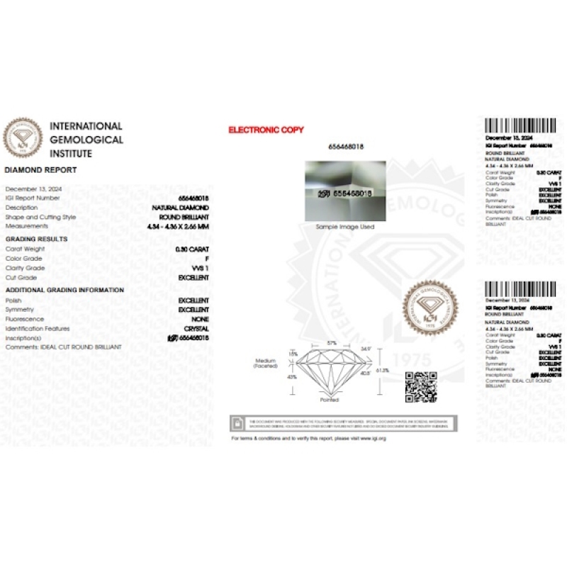 Diamant Certifié IGI  CT  0.30 F VVS1 Diamant Certifié IGI  CT  0.30 F VVS1