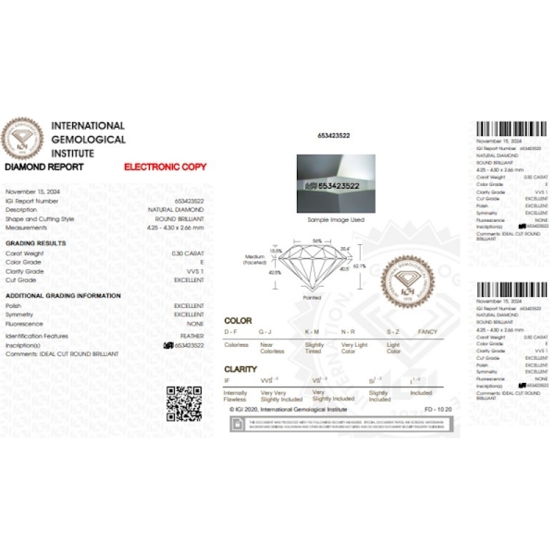 Diamant Certifié IGI 0.30 CT E VVS1  Diamant Certifié IGI 0.30 CT E VVS1