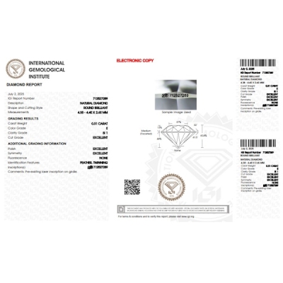 Diamant Certifié IGI   0.31 CT E SI1