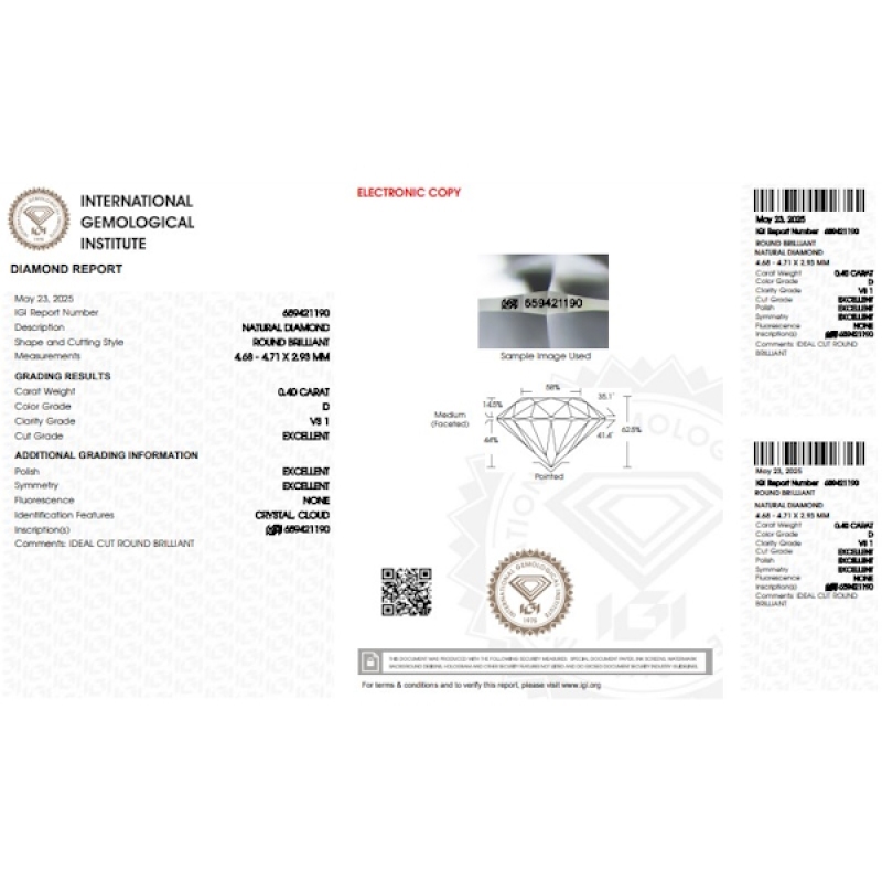 Diamant Certifié IGI 0.40 CT D VS1 Diamant Certifié IGI 0.40 CT D VS1