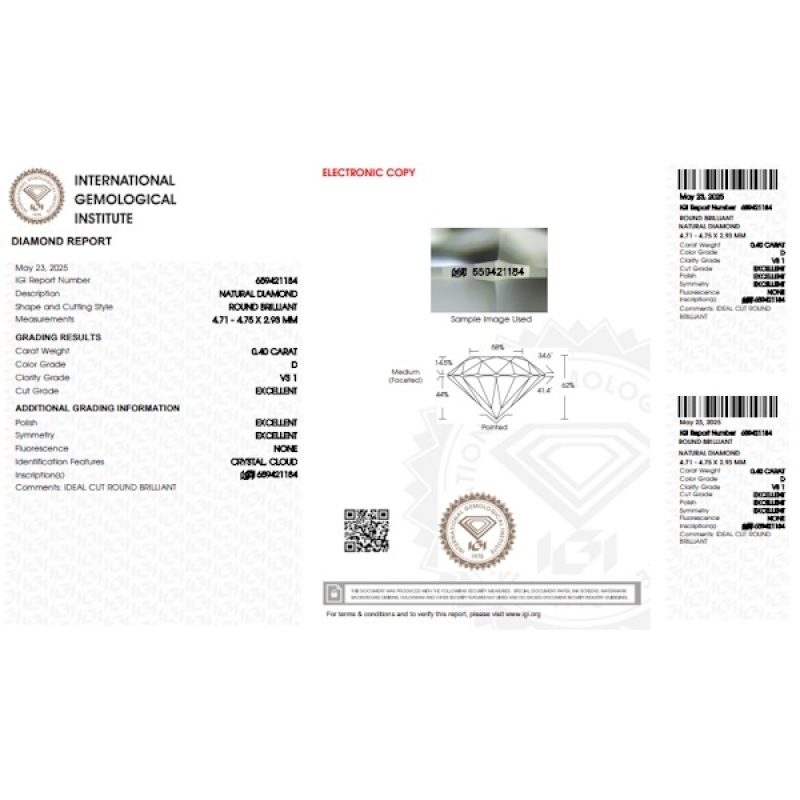 Diamant Certifié IGI  0.40 CT D VS1 Diamant Certifié IGI  0.40 CT D VS1