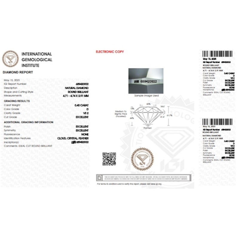 Diamant Certifié IGI  0.40 CT D VS2 Diamant Certifié IGI  0.40 CT D VS2