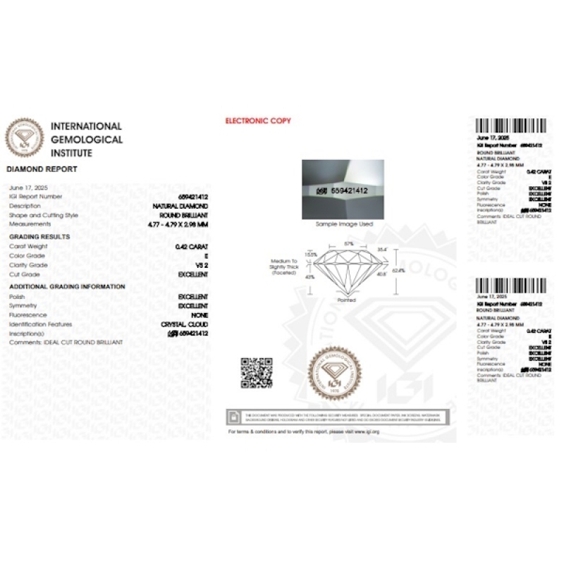 Diamant Certifié IGI  0.42 CT E VS2 Diamant Certifié IGI  0.42 CT E VS2