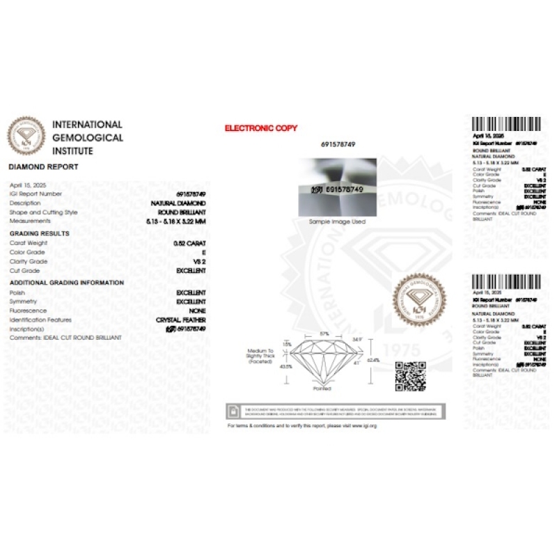 Diamant Certifié IGI  0.52 CT E VS2  Diamant Certifié IGI  0.52 CT E VS2