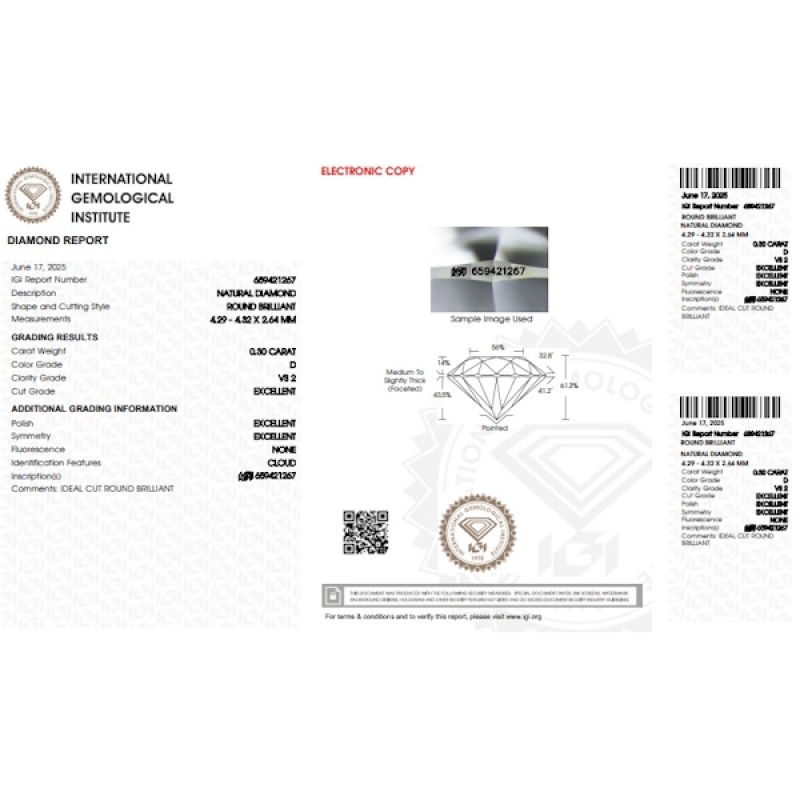Diamant Certifié IGI 0.30 CT D VS2  Diamant Certifié IGI 0.30 CT D VS2
