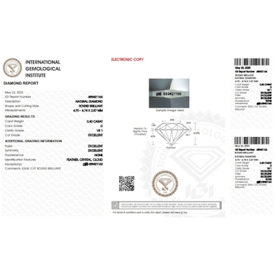 Diamant Certifié IGI  0.40 CT D VS1 
