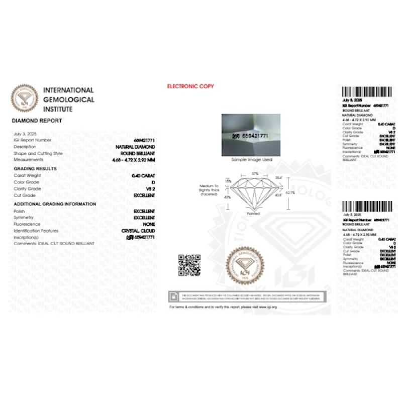 Diamant Certifié IGI 0.40 CT D VS2 Diamant Certifié IGI 0.40 CT D VS2