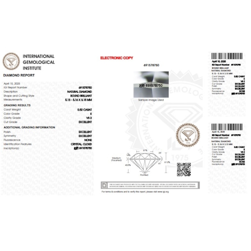Diamant Certifié IGI  0.52 CT E VS2  Diamant Certifié IGI  0.52 CT E VS2