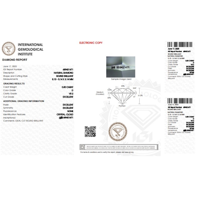 Diamant Certifié IGI  CT 0,50   D   VS 2 Diamant Certifié IGI  CT 0,50   D   VS 2